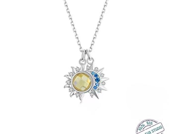 Sun and Moon Necklace 925 Sterling Silver White Gold Plated Celestial Pendant | Energy Jewelry Gift for Women | Transformation Necklace