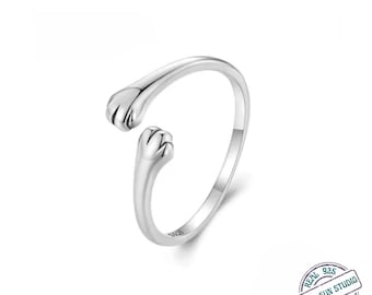 925 Sterling Silver Cat Paw Ring Adjustable | Cute Cat Hug Ring for Pet Lovers | Minimal Open Silver Ring for Protection & Comfort