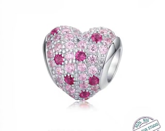 925 Sterling Silver Pink CZ Heart Charm Bead – Romantic Love Symbol DIY Bracelet Charm, Pandora-Style Compatible Jewelry Gift