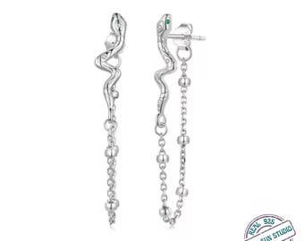 925 Sterling Silver Snake Stud Earrings with Long Tassel Chain | Serpent Drop Earrings | Minimal Gothic Jewelry | Transformation Symbol Gift