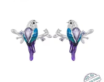 Bird Stud Earrings 925 Sterling Silver Colorful CZ Animal Earrings for Women | Cute Romantic Nature Jewelry Gift