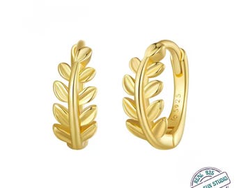 Solid 925 Sterling Silver Leaf Hoop Earrings Gold Plated | Minimal Leaf Ear Buckles | Nature Inspired Abundance Jewelry for Women