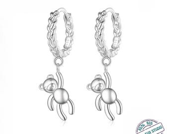 925 Sterling Silver Teddy Bear Drop Earrings – Cute Kawaii Bear Earrings, Dainty Silver Dangle Earrings, Love Gift for Her, Minimal Jewelry