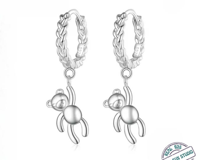 Featured listing image: 925 Sterling Silver Teddy Bear Drop Earrings – Cute Kawaii Bear Earrings, Dainty Silver Dangle Earrings, Love Gift for Her, Minimal Jewelry