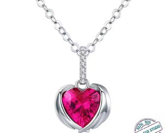 Sterling Silver Red Heart Angel Wing Necklace – AAA CZ Pendant