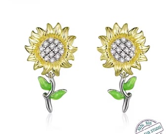 Genuine 925 Sterling Silver Sunflower Stud Earrings | Gold Plated Floral Earrings | Sunflower Jewelry for Abundance | Cute Nature Gift