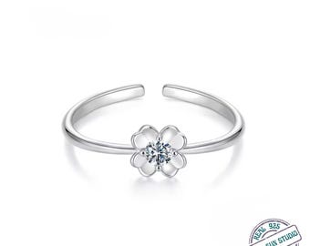 Four Leaf Clover Moissanite Open Ring 925 Sterling Silver | Lab Diamond Adjustable Ring for Women | Lucky Clover Engagement Ring Gift