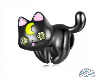 925 Sterling Silver Moon Cat Charm Bracelet – Cute Black Cat Bead for Intuition, DIY Charm Bangle, Celestial Witch Jewelry Gift