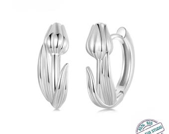 925 Sterling Silver Tulip Flower Hoop Earrings for Women | Minimal Floral Silver Hoops | Romantic Gift Jewelry for Love
