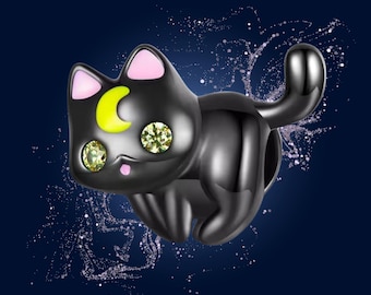 925 Sterling Silver Moon Cat Charm Bracelet – Cute Black Cat Bead for Intuition, DIY Charm Bangle, Celestial Witch Jewelry Gift
