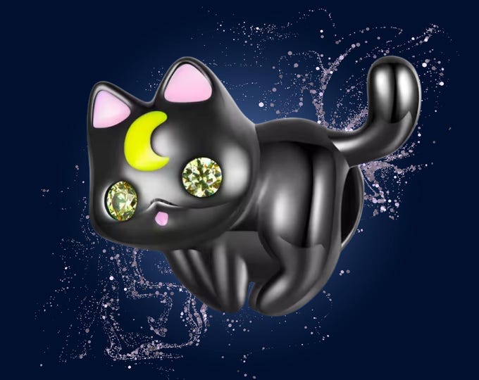 Featured listing image: 925 Sterling Silver Moon Cat Charm Bracelet – Cute Black Cat Bead for Intuition, DIY Charm Bangle, Celestial Witch Jewelry Gift