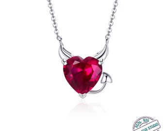 Solid 925 Sterling Silver Red Zircon Devil Heart Necklace | Little Devil Pendant Necklace for Women | Gothic Cute Jewelry Gift for Love