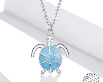 Ocean Blue Turtle Necklace 925 Sterling Silver – Enamel Sea Turtle Pendant for Intuition, Protection & Calm Gift