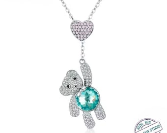 Sterling Silver Bear Necklace – Pink CZ Heart Pendant, Adjustable