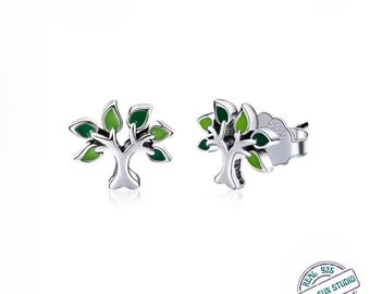 925 Sterling Silver Tree of Life Earrings – Green Enamel Stud Earrings for Abundance, Growth Symbol Jewelry, Meaningful Gift for Her