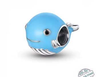 925 Sterling Silver Blue Enamel Whale Charm Bead | Ocean Animal Charm for Snake Chain Bracelet | Intuition & Protection Jewelry Gift