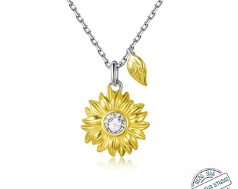 Solid 925 Sterling Silver Sunflower Necklace Gold Color | Lucky Sunflower Pendant Necklace for Women | Abundance & Positive Energy Jewelry