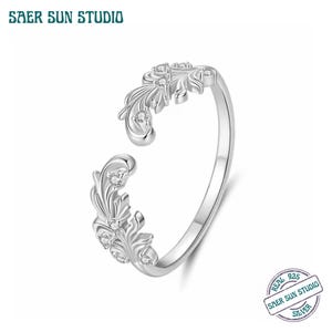Authentic 925 Sterling Silver Scrollwork Open Ring Adjustable Paved CZ Leaf Ring Vintage Plant Pattern Protection Jewelry