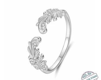 Authentic 925 Sterling Silver Scrollwork Open Ring Adjustable Paved CZ Leaf Ring Vintage Plant Pattern Protection Jewelry