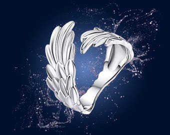 925 Sterling Silver Angel Wing Ring | Adjustable Open Ring | Symbol of Protection & Transformation | Minimal Silver Jewelry Gift