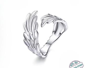 925 Sterling Silver Angel Wing Ring | Adjustable Open Ring | Symbol of Protection & Transformation | Minimal Silver Jewelry Gift