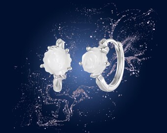 Solid 925 Sterling Silver Inlaid White Rose Hoop Earrings | Hypoallergenic Huggy Hoops | Elegant Floral Jewelry Gift for Love