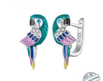 925 Sterling Silver Colorful Enamel Parrot Hoop Earrings | Bird Ear Buckles | Lucky Animal Jewelry | Gift for Women | Transformation Symbol