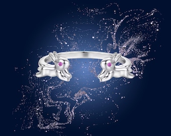 Solid 925 Sterling Silver Double Rabbit Open Ring, Fairy Tale Animal with Rose Red CZ, Adjustable Bunny Ring Gift, Abundance Jewelry