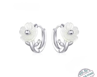 Solid 925 Sterling Silver White Shell Flower Tiny Hoop Earrings | Elegant Floral Hoop Jewelry for Women | Minimal Silver Earrings for Love