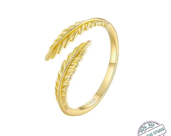 925 Sterling Silver Gold Leaf Open Ring – Adjustable Vine Leaf Ring for Women, Minimal Nature Jewelry, Abundance Gift