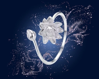 925 Sterling Silver Lotus Flower Open Ring Adjustable – Minimalist Sacred Lotus Ring for Women, Symbol of Transformation & New Beginnings