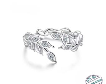 925 Sterling Silver Wheat Ear Open Ring, Leaf Vine Band for Women, Hypoallergenic Adjustable Ring, Abundance & Prosperity Jewelry Gift