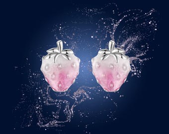 925 Sterling Silver Strawberry Stud Earrings | Pink Transparent Enamel Fruit Earrings | Cute Kawaii Jewelry | Strawberry Earrings Gift