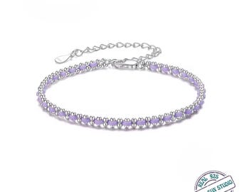 925 Sterling Silver Purple Knot Beads Chain Bracelet, Handmade Cotton Cord Bracelet, Adjustable Charm Bracelet Base for Women