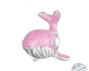 925 Sterling Silver Pink Whale Charm Bead | Dreamy Ocean Animal Charm for Bracelet | DIY Jewelry Bead | Symbol of Intuition