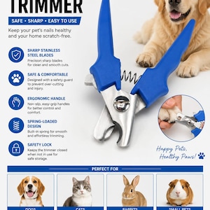 Pode incluir: Um cortador de unhas para animais com cabos de plástico azul, lâminas de aço inoxidável e um mecanismo de mola. A ferramenta inclui uma proteção de segurança e um fecho. O texto inclui PET NAIL TRIMMER, 12,5 cm e 80 g.