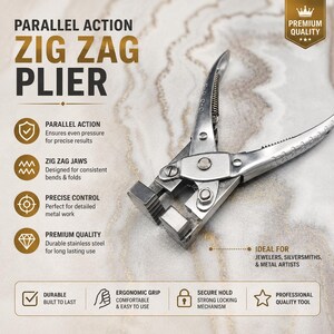 Puede incluir: Un alicate de acción paralela en color plata con mecanismo de resorte y mandíbulas dentadas. La herramienta presenta un acabado metálico y un diseño articulado. El texto en la imagen incluye Parallel Action Zig Zag Plier, Premium Quality, y varias descripciones de características como acero inoxidable duradero, agarre ergonómico y sujeción segura.