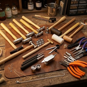 Könnte beinhalten: Eine Sammlung von Werkzeugen und Materialien zur Schmuckherstellung, angeordnet auf einer braunen Lederoberfläche. Die Werkzeuge umfassen Hämmer, Zangen, Draht und kleine Metallkomponenten. Flaschen und Gläser sind im Hintergrund zu sehen.