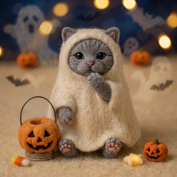 Ghost Cat Halloween Decor, Needle Felted Cat in Ghost Costume, Cute Spooky Kitten Figurine, Pumpkin Basket Tiered Tray, Cat Lover Gift