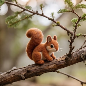 May include: A handcrafted felt squirrel figurine with a fluffy tail, perched on a tree branch. The squirrel is a warm brown color with white accents and small, detailed features. The background is blurred, with green foliage.
