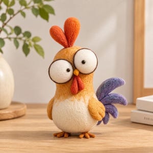 May include: A needle-felted rooster figurine with a golden-orange body, a white chest, and a bright orange comb. It features two large, round white eyes with black pupils, a small yellow beak, red wattles, and a purple tail with three feathers.