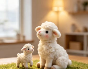 Prezent na Dzień Ojca dla taty, Filcowy zestaw dla taty i dziecka z barankiem, Ręcznie robiona figurka wełnianej owcy, Uroczy wystrój rodzinny, Dekoracja półki w pokoju dziecięcym