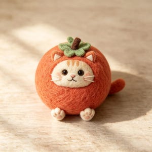 May include: A round needle-felted sculpture of a cream-coloured cat with orange stripes, wearing a fuzzy orange pumpkin costume. The cat has dark eyes, a pink nose, and white whiskers. A green stem and leaves sit on top of the pumpkin, with a small tail.