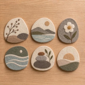 May include: A set of six circular felt coasters featuring embroidered nature scenes including a branch, a mountain landscape with a sun, a white flower, wavy water lines, a stack of three stones with a leaf, and a rising sun over hills.