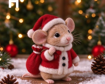 Needle Felted Christmas Mouse Figurine, Cute Miniature Wool Animal, Festive Holiday Tabletop Decoration, 3.15 Inch