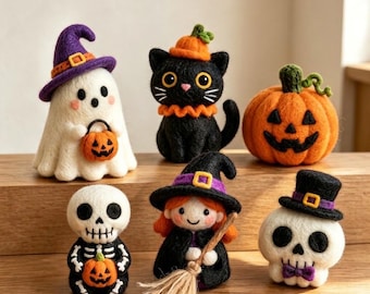 Dekoracja z filcu na Halloween, filcowana igłowo figurka dyniowego ducha kota i czarownicy, dekoracja na tacę piętrową