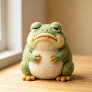 May include: A needle-felted frog figurine with a textured green body, a cream-coloured belly, and orange-tipped fingers and toes. The frog has a grumpy facial expression with heavy eyelids, a downturned mouth, and a small pink tongue sticking out.