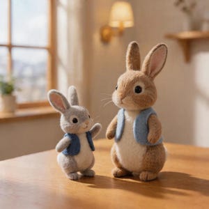 May include: Two plush rabbit figurines, one light gray and one brown, stand on a wooden table. Both rabbits wear blue vests. The brown rabbit is larger than the gray one. The background includes a window and a wall-mounted light fixture.