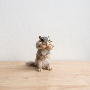 Puede incluir: Una figura de ardilla listada hecha con lana fieltrada con aguja, con fibras texturizadas en tonos marrón, gris y crema. El pequeño animal está de pie sobre sus patas traseras, sosteniendo una cáscara de cacahuete marrón claro entre sus patas delanteras.