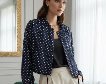 Polka Dot Oversized Bomber Jacket – Zip Up Aviator Crop Coat, Plus Size Outerwear